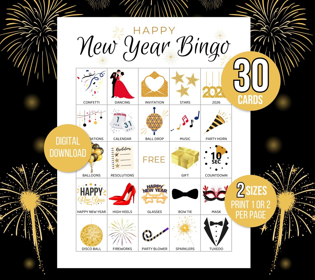 Happy New Year Bingo Game Set - 24 Player Cards For Kids & Adults, New Years Eve Party Supplies With Call Cards & Markers - View #10