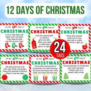 12 Days of Christmas Cadeaukaartjes, 12 Days of Christmas, afdrukbare kerstkaarten, vakantietags voor geschenken, geheime kerstcadeaus, kerstspellen