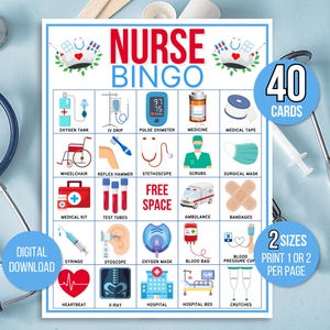 Bingo pour infirmières, 40 cartes de bingo pour infirmières imprimables, bingo médical, bingo avec docteur, jeu de fête de remise des diplômes d'infirmière, jeu de retraite d'infirmière, jeux d'infirmière