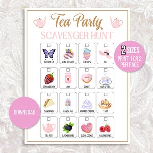 May include: A printable pink and white scavenger hunt game with a tea party theme. The game includes a list of items to find, such as a butterfly, a slice of cake, teacups, a hat, a strawberry, jam, a donut, a cup of tea, a sandwich, a candy jar, whipped cream, a tart, a teapot, blackberries, a sugar cookie, and raspberries.