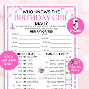 Chi conosce meglio la festeggiata, gioco per feste di compleanno, gioco di compleanno per ragazze, gioco a quiz sul compleanno, gioco per festeggiate, stampabile per il compleanno