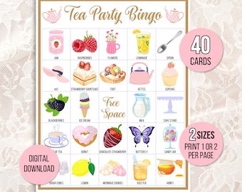 Tea Party Bingo, 40 Unique Printable Tea Party Bingo Cards, Tea Party Game, Tea Party Activity, Birthday or Bridal Shower Bingo, Gold