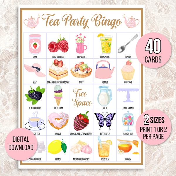 Tea Party Bingo, 40 Unique Printable Tea Party Bingo Cards, Tea Party Game, Tea Party Activity, Birthday or Bridal Shower Bingo, Gold