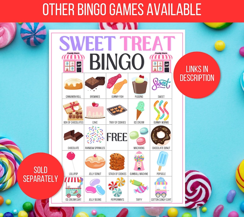 Candy Bingo, 30 Printable Candy Bingo Cards, Sweet Treats Bingo, Candy Activity, Candy Game, Candy Themed Birthday Party, Candy Printable