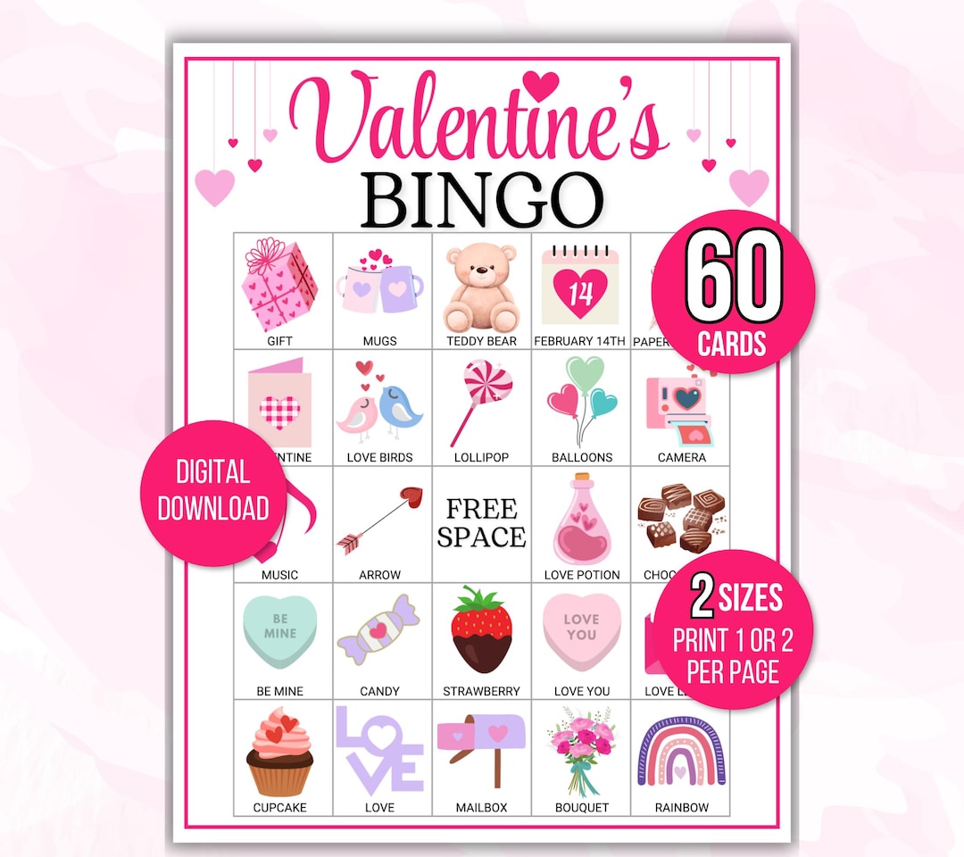 Valentine's Day Bingo, 60 Valentine's Day Bingo Cards for Kids ...
