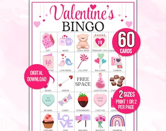 Valentine's Day Bingo, 60 Valentine's Day Bingo Cards for Kids, Valentines Bingo, Valentines Printable Game, Valentine's Party Game