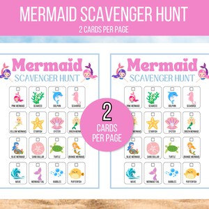 May include: Two printable mermaid scavenger hunt game cards. Each card has a grid of 16 squares with a different mermaid-themed image in each square. The images include a pink mermaid, seaweed, dolphin, seahorse, yellow mermaid, starfish, oyster, green mermaid, blue mermaid, sand dollar, turtle, orange mermaid, wave, mermaid tail, bubbles, and pufferfish. The text "Mermaid Scavenger Hunt" is at the top of each card.