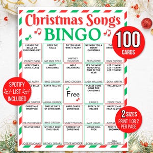 Bingo de canciones navideñas, 100 tarjetas de bingo de canciones navideñas para imprimir, bingo de música navideña, bingo navideño, juego de fiesta navideña, juego de vacaciones
