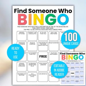 Get to Know You Bingo, Find Someone Who Bingo, Find the Guest Bingo, Icebreaker Bingo, Icebreaker Game, Icebreaker Activity, Classroom Bingo