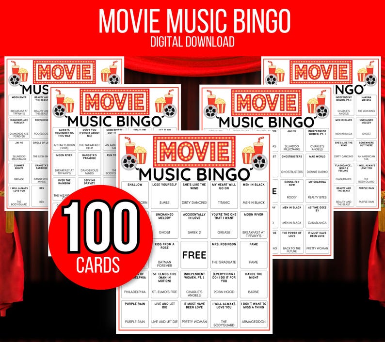 Movie Music Bingo, Movie Soundtrack Bingo, Music Bingo, Movie Soundtrack Songs Game, Music Bingo with Playlist, Music Office Party Game
