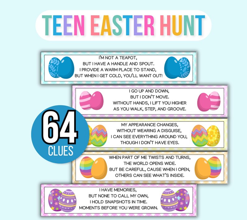 Easter Treasure Hunt For Teens and Tweens, Adult Easter Hunt, Treasure Hunt Easter Clues, Easter Egg Hunt for Teens, Teen Easter Hunt