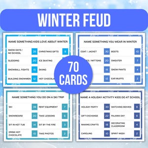 Op de afbeelding: Een blauw en wit Winter Feud-spel met 70 kaarten. Het spel bevat categorieën als "Noem iets waar kinderen van houden in de winter" en "Noem iets dat je in de winter draagt".