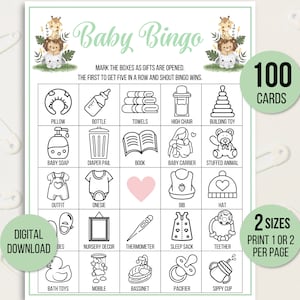 Bingo para bebés, 100 tarjetas de bingo de safari para bebés, bingo para baby shower, juego para baby shower, actividad para baby shower, bingo para bebés imprimible, bingo neutro para bebés