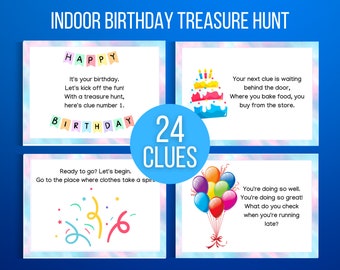 Indoor Birthday Treasure Hunt, Indoor Birthday Scavenger Hunt, Treasure Hunt Birthday Clues, Kids Treasure Hunt Clues, Birthday Printable
