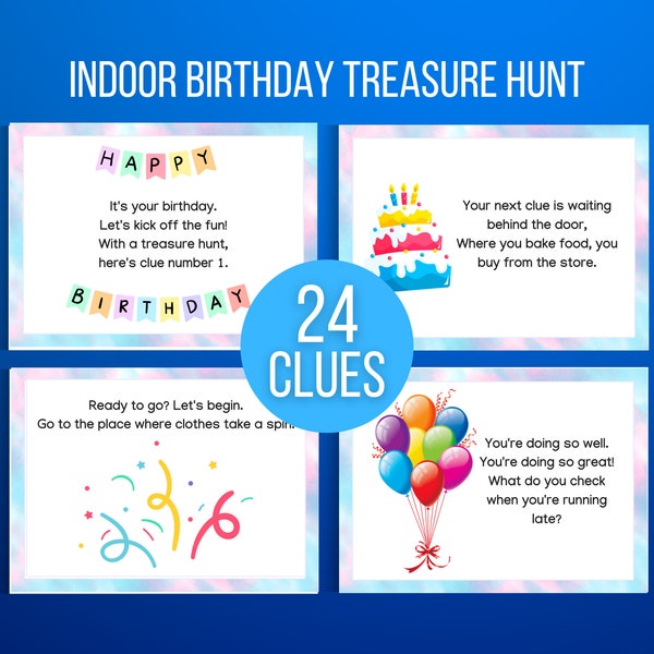 Indoor Birthday Treasure Hunt, Indoor Birthday Scavenger Hunt, Treasure Hunt Birthday Clues, Kids Treasure Hunt Clues, Birthday Printable