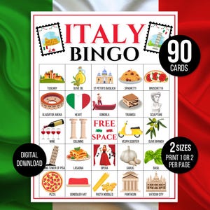 Bingo de Italia, 90 cartones de bingo de viaje por Italia, Bingo de viaje, Bingo italiano, Juego de viaje, Actividad de viaje, Juego de fiesta por Italia, Actividad de Italia