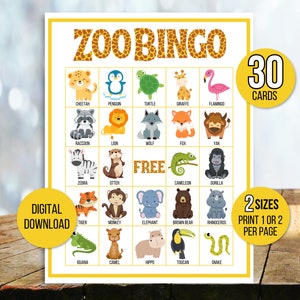 Dierentuinbingo, 30 afdrukbare dierentuinbingokaarten, dierenbingo, dierentuinfeestspel, dierentuinactiviteit, dierentuinverjaardagsbingo, excursie naar dierentuin, dierentuinspellen voor kinderen