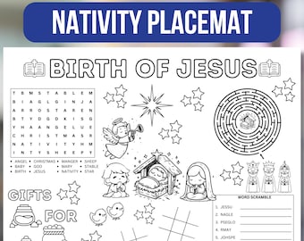 Krippe Aktivität Tischset, Krippe Malseite für Kinder, Geburt Jesus Malseite, Sonntagsschule Aktivität, Geburt Jesus Tischset