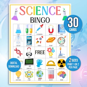 Wissenschaftsbingo, 30 druckbare Wissenschaftsbingokarten, Chemiebingo, verrückter Wissenschaftlerbingo, Wissenschaftsspiel, Wissenschaftliche Aktivität, Wissenschaftsdruckbare Karten