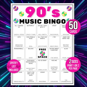 Bingo de los 90, Bingo de canciones de los 90, Bingo de música de los 90, Bingo retro de los 90, 50 tarjetas de bingo imprimibles de los 90, Juego de los 90, Actividad de los 90, Bingo de listas de Spotify de los 90
