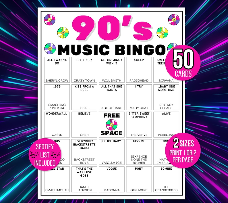 90s Bingo, 90s Song Bingo, 90s Music Bingo, 90s Retro Bingo, 50 Printable 1990s Bingo Cards, 90s Game, 90s Activity, 90s Spotify List Bingo