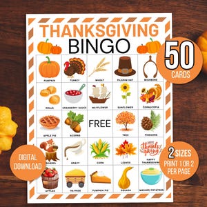 Bingo de Ação de Graças, 50 Cartões de Bingo de Ação de Graças, Atividade de Ação de Graças, Jogo de Festa de Ação de Graças para Crianças, Atividade de Ação de Graças, Jogos de Outono