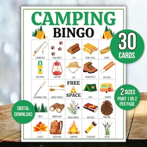 Camping Bingo, 30 Printable Camping Bingo Cards, Camping Game, Camping Party Game, Camping Activity, Kid's Bingo Game, Campground Activity