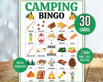Bingo de camping, 30 cartes de bingo de camping à imprimer, jeu de camping, jeu de fête de camping, activité de camping, jeu de bingo pour enfants, activité de camping