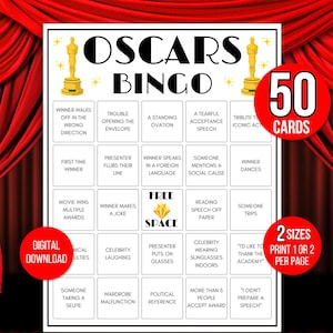 Bingo de los Oscar, 50 cartones de bingo de los Oscar, bingo de la fiesta de los Oscar, bingo de la noche de cine, bingo de cine, juego de fiesta de la noche de cine, juego de la noche de cine