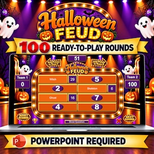 Jogo de PowerPoint editável de Halloween, Jogo de perguntas e respostas para o Halloween, Modelo de quiz para o Halloween, Jogo de PowerPoint editável de Halloween, Feud