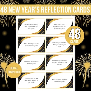 48 tarjetas de reflexión de Año Nuevo, tarjetas de conversación de Nochevieja, juego de fiesta de Nochevieja, tarjetas de reflexión de Año Nuevo, tarjeta de conversación