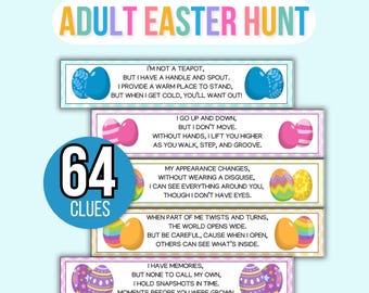 Könnte beinhalten: Ein Erwachsenen-Ostereierspiel mit 64 Hinweisen. Das Bild zeigt bunte Ostereier und Text-Hinweise auf rechteckigen Karten. Der Titel "ADULT EASTER HUNT" steht oben. Ein blauer Kreis mit "64 CLUES" befindet sich in der Mitte.