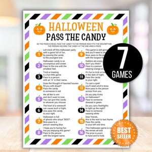 May include: A Halloween party game with the title "Halloween Pass the Candy" featuring a pumpkin graphic. The game includes 16 prompts to pass candy to a person based on descriptions. A black circle with "7 GAMES" and an orange "BEST SELLER" sticker are also included.