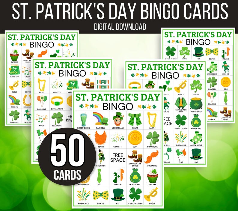 St. Patrick's Day Bingo, 50 St. Patrick's Bingo Cards, St. Patrick's Day Game, St. Paddy's Game for Kids, St. Patrick's Day Party Game