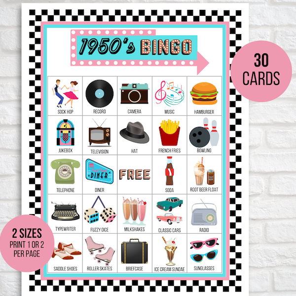 50s Bingo, 1950s Bingo, 30 Printable 1950s Bingo Cards, 50s Game, 50s Activity, 1950s Party Games for Kids and Adults, 50s Party Game