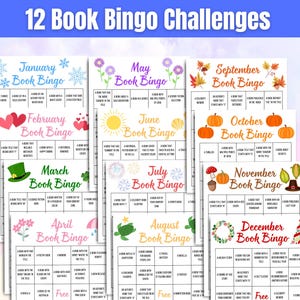 Bingo dei libri, 12 sfide mensili del bingo dei libri, Bingo dei libri per adulti, Sfida dei libri, Gioco del club del libro, Sfida di lettura, Gioco di monitoraggio della lettura