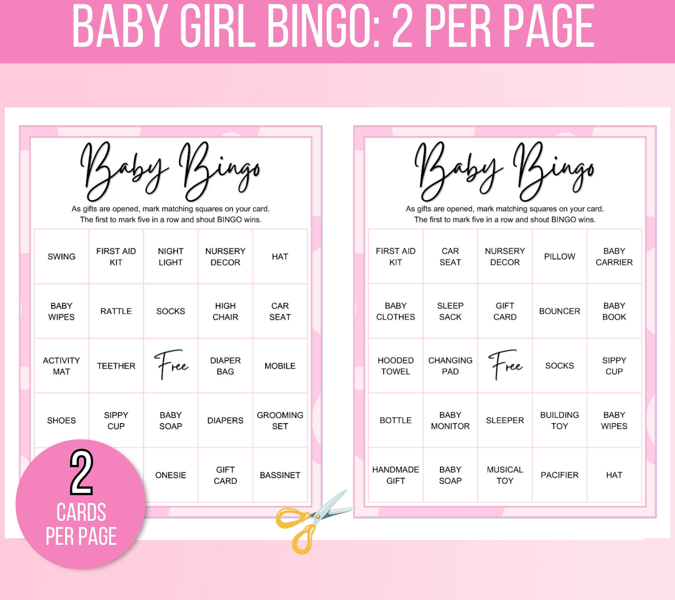 100 Baby Girl Bingo Cards, Baby Girl Bingo Game Cards, Baby Gift Bingo ...