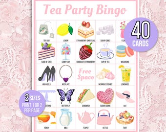 Tea Party Bingo, 40 Unique Printable Tea Party Bingo Cards, Tea Party Game, Tea Party Activity, Birthday or Bridal Shower Bingo, Pink Bingo