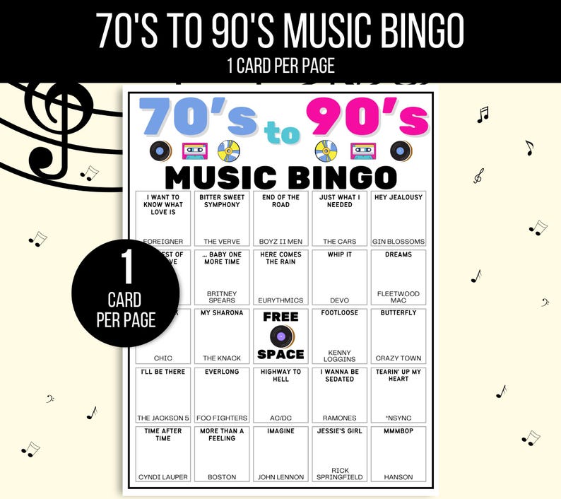 70s, 80s, 90s Music Bingo, Decades of Hits Bingo, 70s to 90s Bingo, 70s Music Bingo, 80s Music Bingo, 90s Music Bingo, 50 Music Bingo Cards
