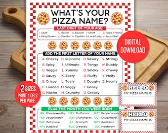 ¿Cuál es tu nombre de pizza?, Juego de nombres de pizza, Juegos de pizza, Juego familiar de pizza, Pizza imprimible, Juego de fiesta de pizza, Juego de pizza, Generador de nombres de pizza