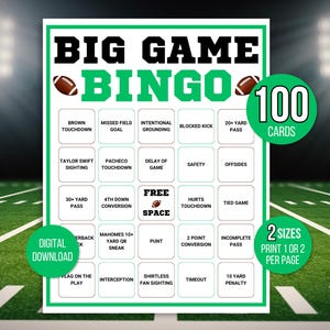 Big Game Bingo, Game Day Bingo, 100 Printable Football Bingo Cards, Football Game, Printable Football Game, LIX Football Bingo, Football
