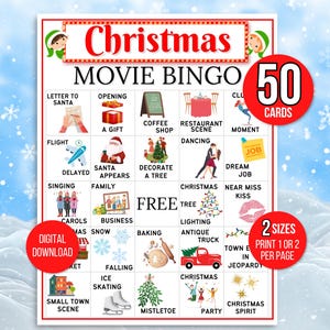 Weihnachtsfilm Bingo, 50 Weihnachtsbingokarten, Hallmark Film Bingo, TV Urlaub Film Bingo, TV Weihnachtsfilm Bingo, Weihnachtsspiele