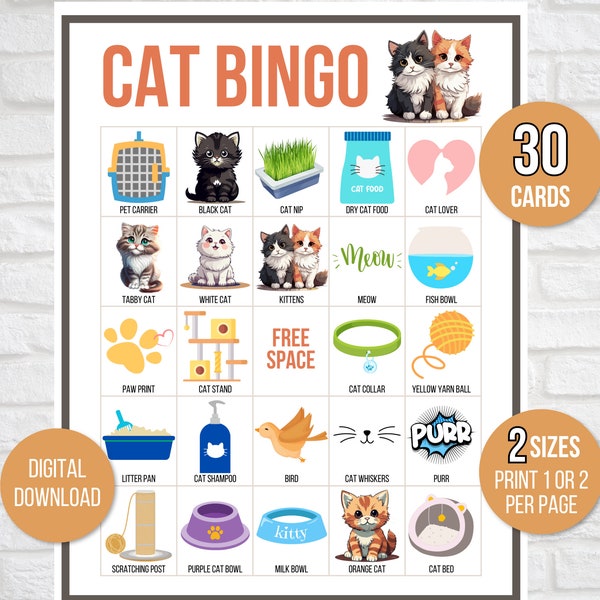 Cat Bingo, 30 Printable Cat Bingo Cards, Cat Birthday Party Game, Cat Party Game, Kitten Bingo, Kitty Party Games, Birthday Party Bingo