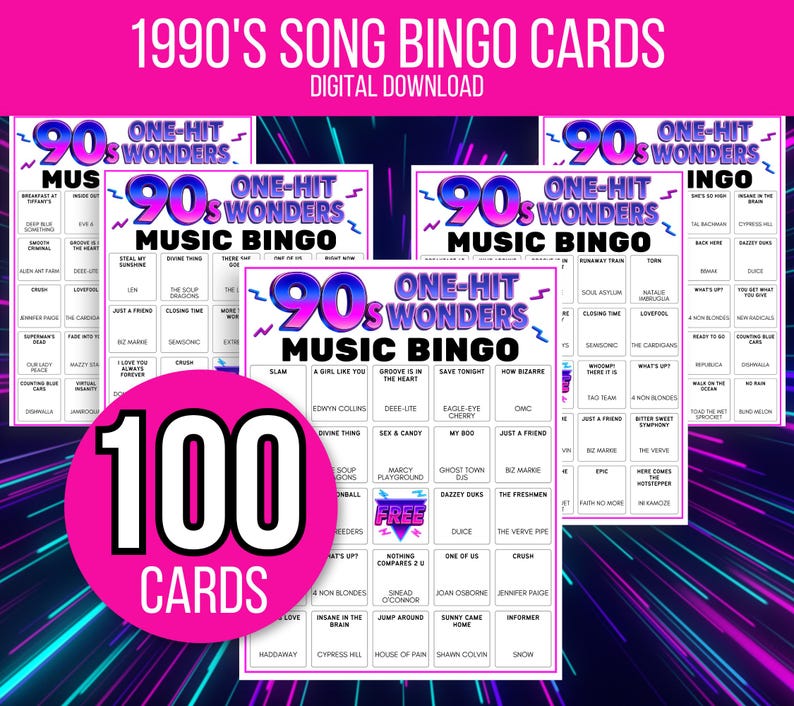 Puede incluir: Descarga digital de 100 cartones de bingo con tem&aacute;tica de m&uacute;sica de los 90. Las tarjetas presentan t&iacute;tulos de canciones de one-hit wonders. El dise&ntilde;o incluye un c&iacute;rculo rosa con el n&uacute;mero 100 y la palabra "cartas".