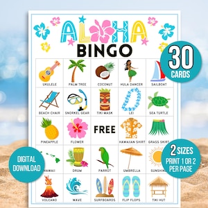 Bingo Aloha, Bingo Luau, Bingo Hawaiano, 30 Tarjetas de Bingo Luau Imprimibles, Cumpleaños Luau, Juego de Fiesta Luau, Juegos Luau, Juegos de Fiesta Hawaiana