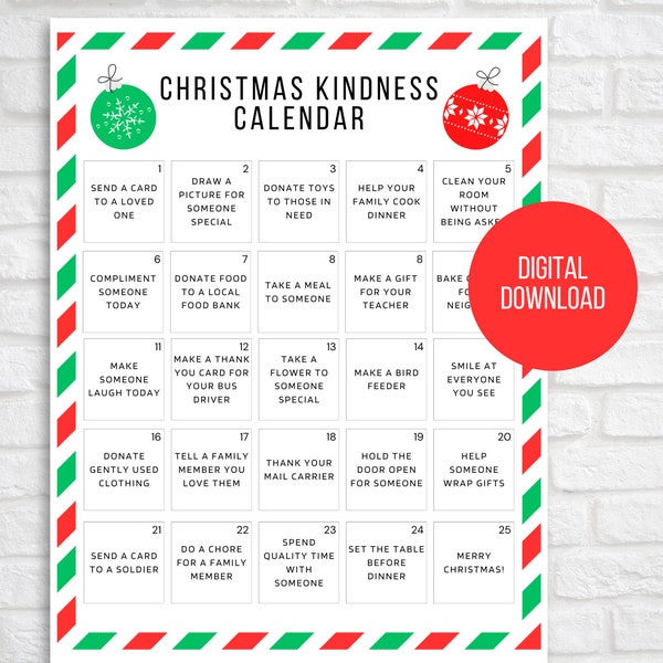 Christmas Acts of Kindness Calendar, Kids Advent Calendar, Kindness Challenge, Season of Giving, Christmas Countdown, Advent Activities