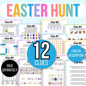 Peut inclure: Un jeu de chasse aux &oelig;ufs de P&acirc;ques avec 12 indices, comprenant des &eacute;nigmes et des devinettes. L'image affiche le texte "Easter Hunt" en grandes lettres multicolores et "Liens dans la description" sur un cercle bleu.