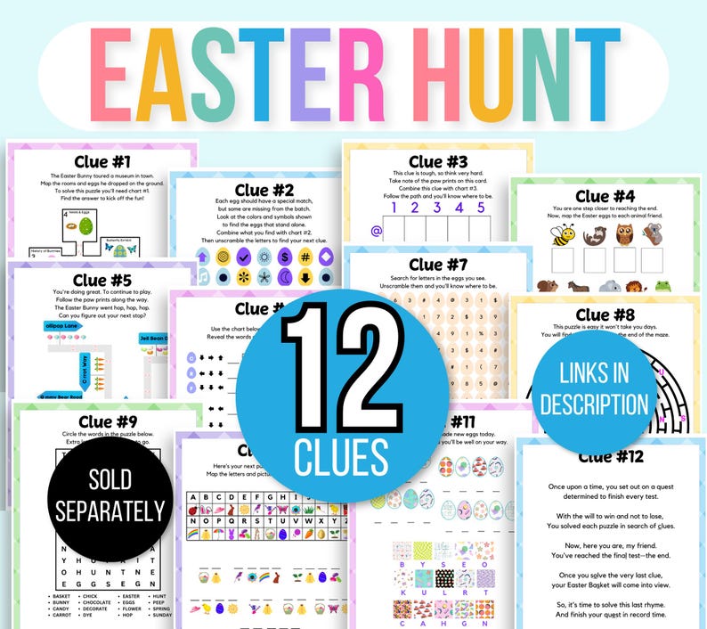 Peut inclure: Un jeu de chasse aux &oelig;ufs de P&acirc;ques avec 12 indices, comprenant des &eacute;nigmes et des devinettes. L'image affiche le texte "Easter Hunt" en grandes lettres multicolores et "Liens dans la description" sur un cercle bleu.