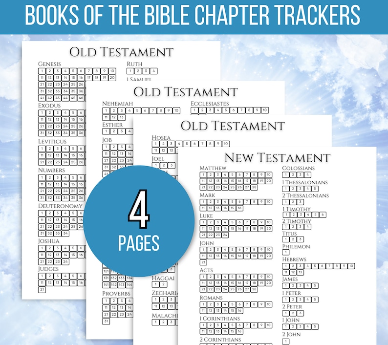 May include: Four printable pages of Bible chapter trackers. Each page features a list of books from the Old or New Testament with numbered squares for tracking chapters read.