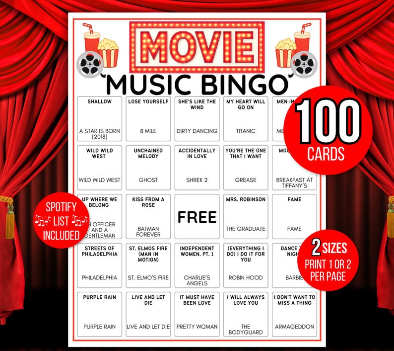 Movie Music Bingo, Movie Soundtrack Bingo, Music Bingo, Movie Soundtrack Songs Game, Music Bingo with Playlist, Music Office Party Game